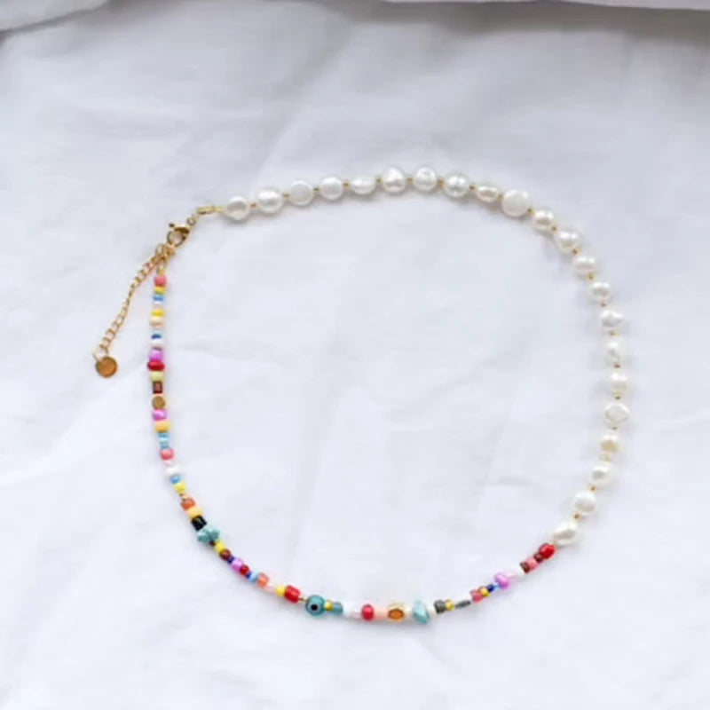 Boho Colorful Beaded Short Collar Nature Pearl Necklace