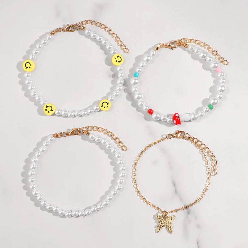 Colorful Mushroom Smiley Pearl Beaded Anklets for Women