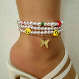 Colorful Mushroom Smiley Pearl Beaded Anklets for Women
