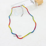 Boho Colorful Zircon Necklace Bracelet Set Stainless Steel Jewelry