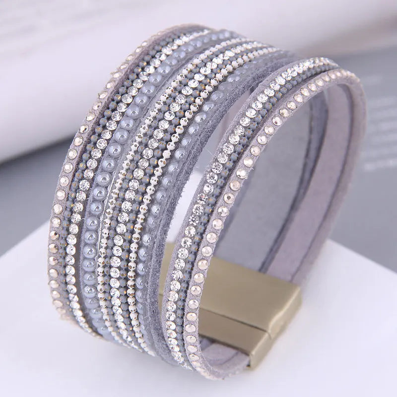 Boho Crystal Leather Charm Bracelets Multilayer Magnetic Bangles