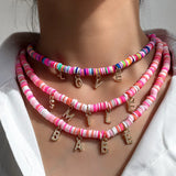 Boho Crystal Letter Pink Clay Beaded Necklace Women Rhinestone Choker
