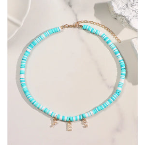 Boho Crystal Letter Pink Clay Beaded Necklace Women Rhinestone Choker