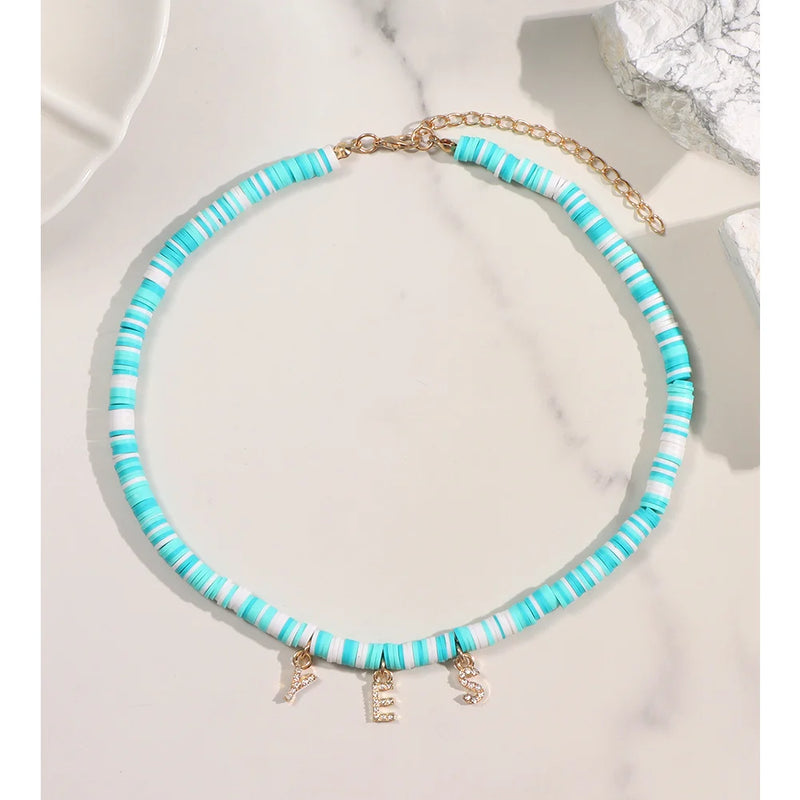 Boho Crystal Letter Pink Clay Beaded Necklace Women Rhinestone Choker