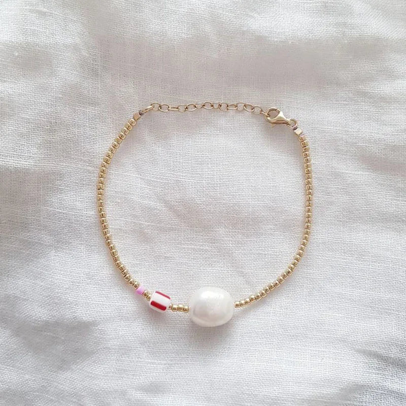 Boho Small Beaded Bracelet Gold-Color Beads Pearl Bangle For Girls