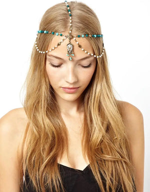 Boho Ethnic Wood Pearl Beaded Pendant Head Chain Indian Bride