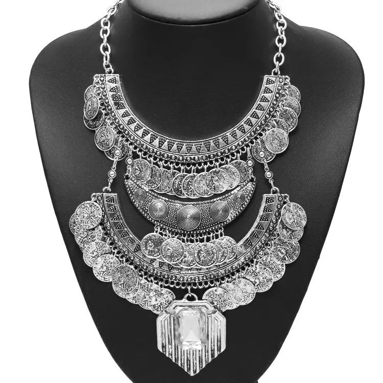 Boho Ethnic Silvery Maxi Pendant Big Choker Necklace Women
