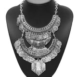 Boho Ethnic Silvery Maxi Pendant Big Choker Necklace Women
