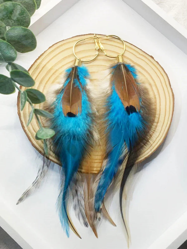 Boho Feather Earrings Blue Stone Drop Earrings