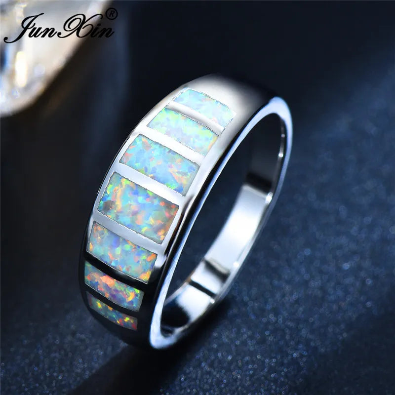 Boho Fire Opal Stone Ring Vintage Silver Wedding Rings for Women