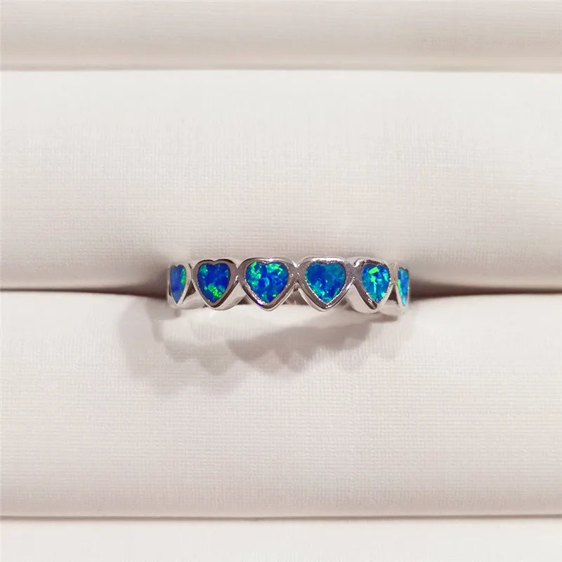 Boho Opal Stone Ring Silver Heart Engagement Ring Vintage Wedding Rings Women