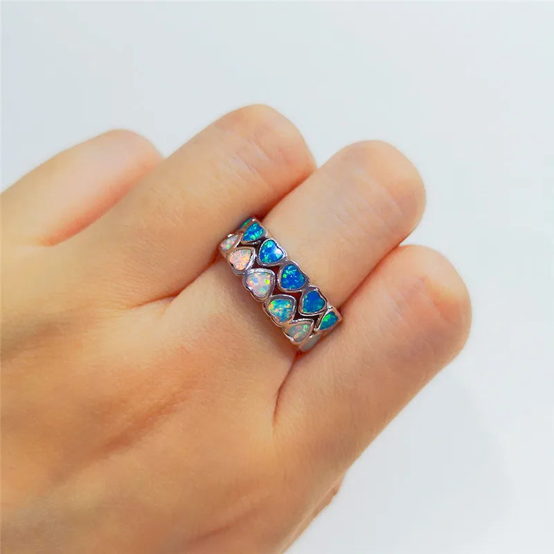 Boho Opal Stone Ring Silver Heart Engagement Ring Vintage Wedding Rings Women