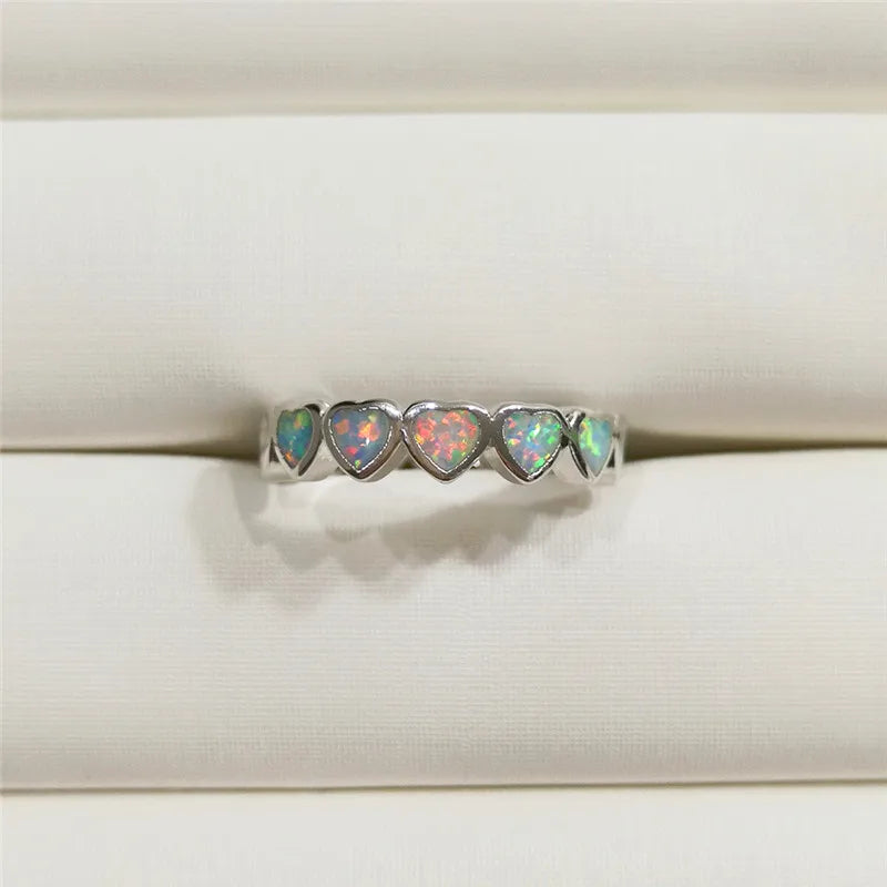 Boho Opal Stone Ring Silver Heart Engagement Ring Vintage Wedding Rings Women