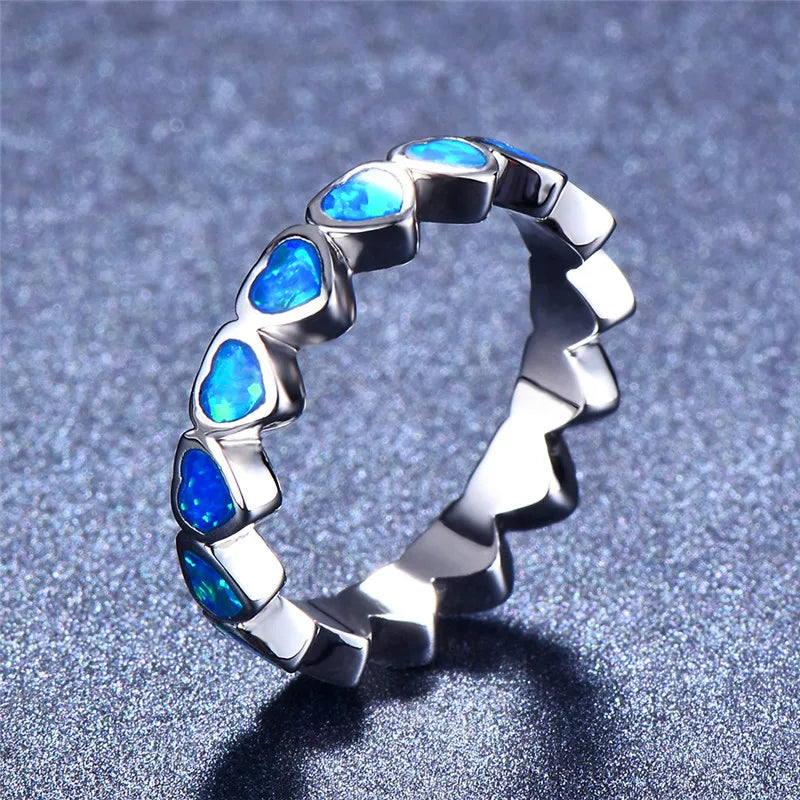 Boho Female Ocean Fire Opal Heart Ring Silver Jewelry