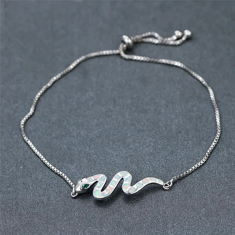 Boho Small Snake Bracelet Opal Stone Rose Silver Chain Bracelet
