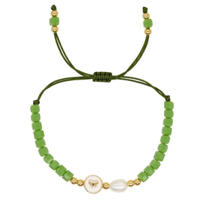Boho Friendship Bracelet Heart Charm Green Seed Beaded Freshwater Pearl Jewelry