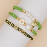 Boho Friendship Bracelet Heart Charm Green Seed Beaded Freshwater Pearl Jewelry