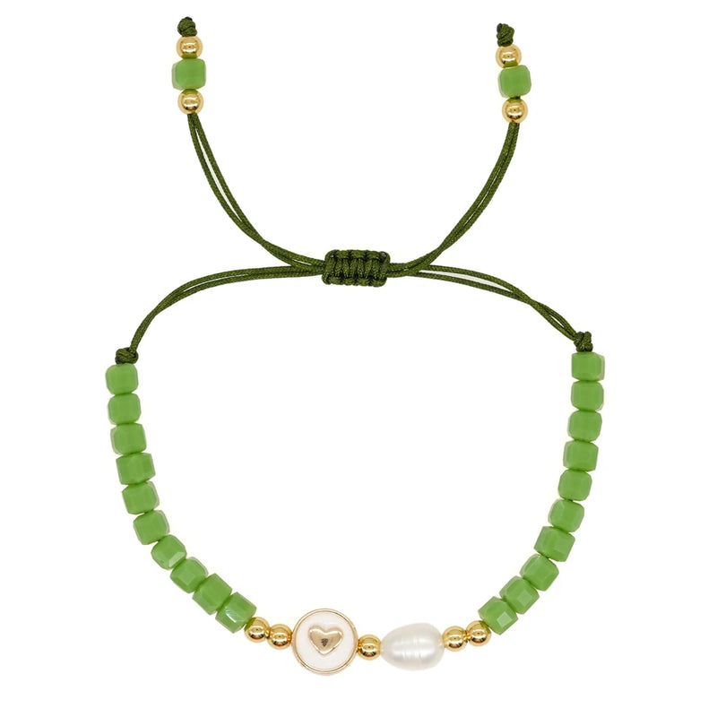 Boho Friendship Bracelet Heart Charm Green Seed Beaded Freshwater Pearl Jewelry
