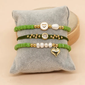 Boho Friendship Bracelet Heart Charm Green Seed Beaded Freshwater Pearl Jewelry