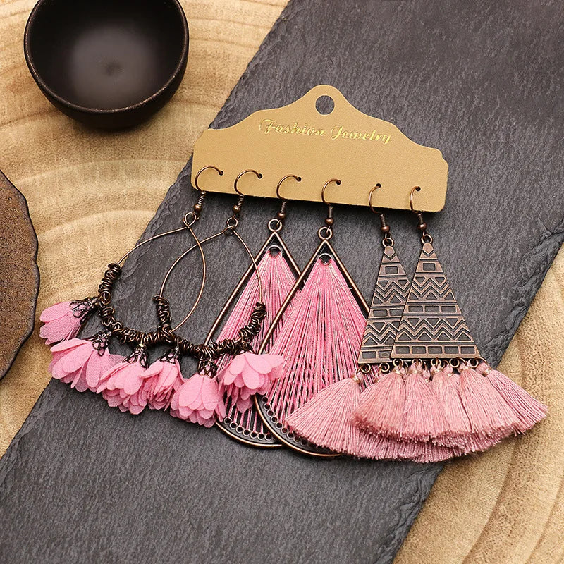 Boho Crystal Tassel Drop Earrings Set Vintage Ethnic Bead Feather Jewelry