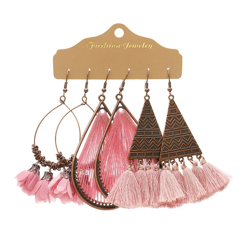 Boho Crystal Tassel Drop Earrings Set Vintage Ethnic Bead Feather Jewelry