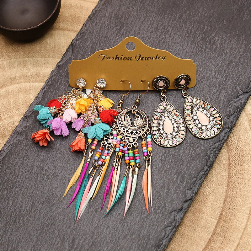 Boho Crystal Tassel Drop Earrings Set Vintage Ethnic Bead Feather Jewelry