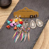 Boho Crystal Tassel Drop Earrings Set Vintage Ethnic Bead Feather Jewelry