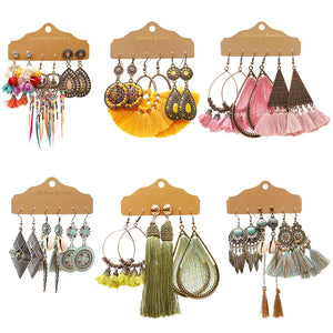 Boho Crystal Tassel Drop Earrings Set Vintage Ethnic Bead Feather Jewelry