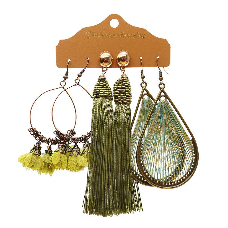 Boho Crystal Tassel Drop Earrings Set Vintage Ethnic Bead Feather Jewelry
