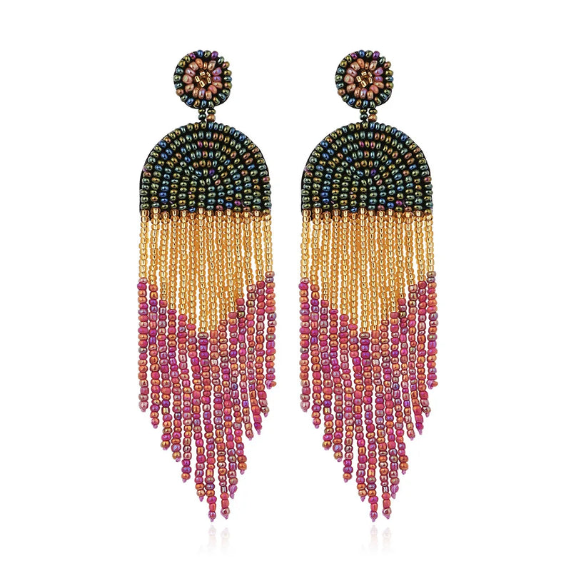 Boho Glass Beads Tassel Earrings for Women Ethnic Retro Jewelry