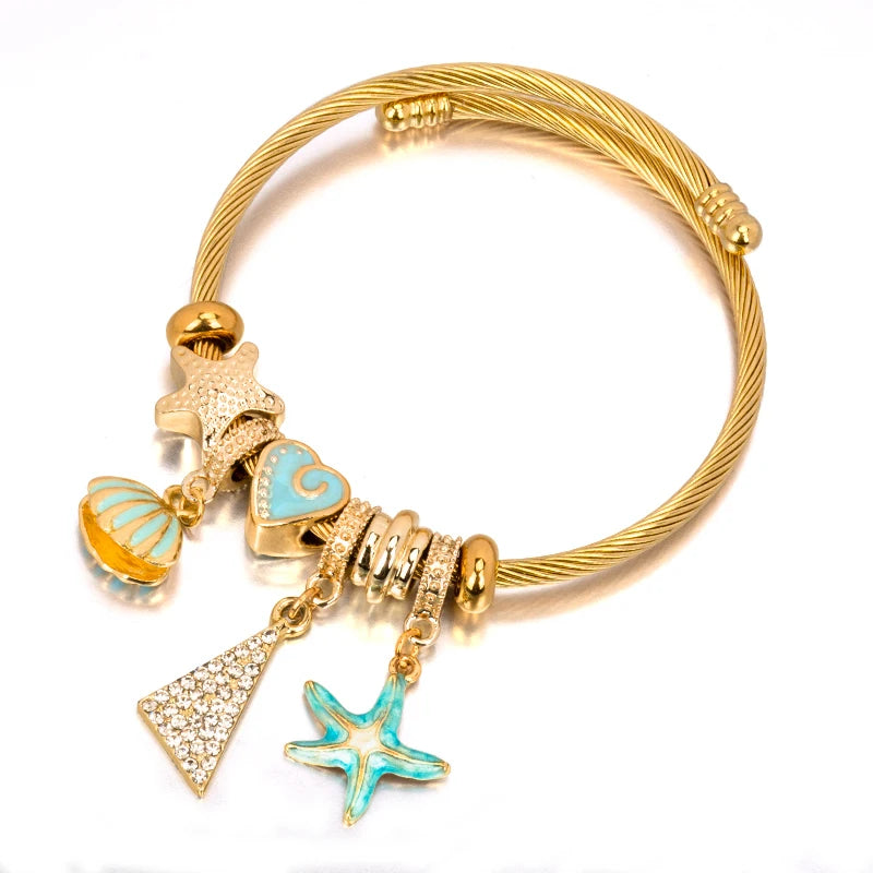 Boho Stainless Steel Bracelets For Women Starfish Shell Crystal Charm Bangle
