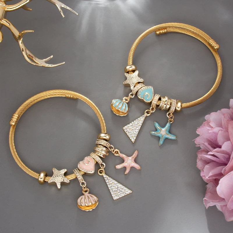 Boho Stainless Steel Bracelets For Women Starfish Shell Crystal Charm Bangle