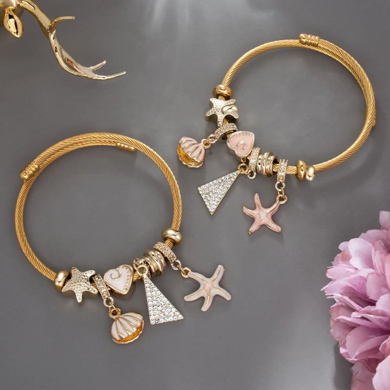 Boho Stainless Steel Bracelets For Women Starfish Shell Crystal Charm Bangle