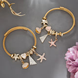 Boho Stainless Steel Bracelets For Women Starfish Shell Crystal Charm Bangle