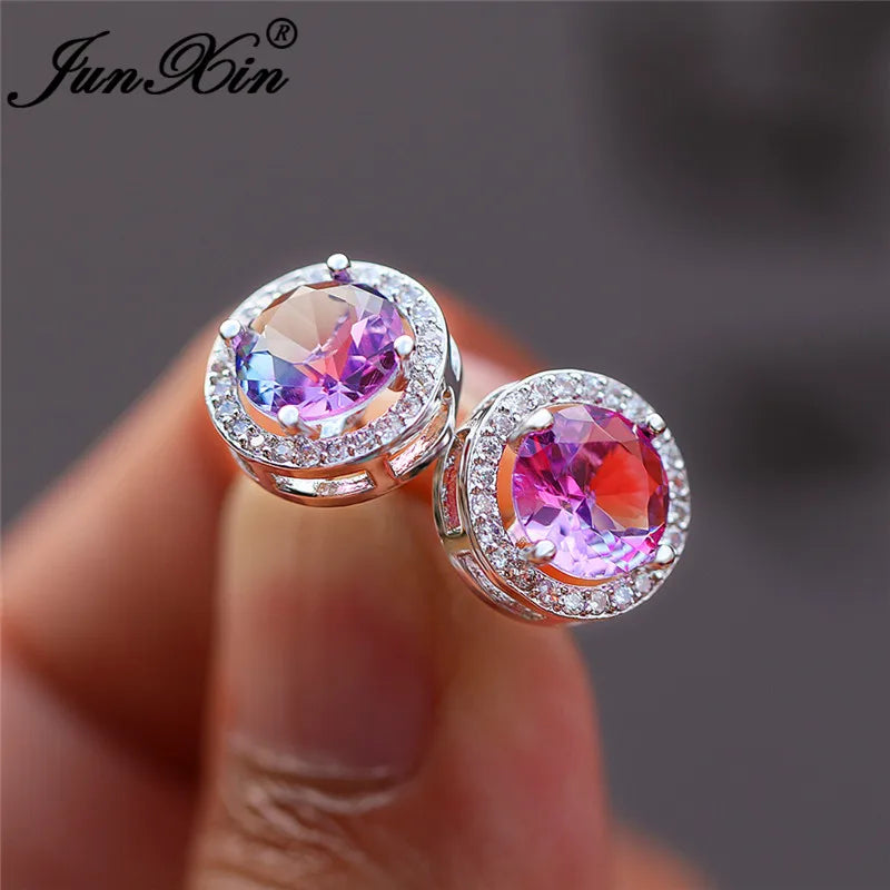Boho Purple Pink Zircon Stud Earrings Rainbow Fire Crystal Wedding Jewelry