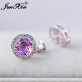 Boho Purple Pink Zircon Stud Earrings Rainbow Fire Crystal Wedding Jewelry
