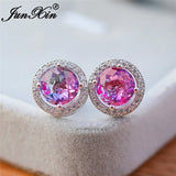 Boho Purple Pink Zircon Stud Earrings Rainbow Fire Crystal Wedding Jewelry
