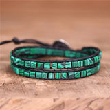 Boho Green Malachites Square Beads 2 Rows Leather Wrap Bracelet