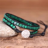 Boho Green Malachites Square Beads 2 Rows Leather Wrap Bracelet