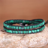 Boho Green Malachites Square Beads 2 Rows Leather Wrap Bracelet
