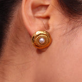 Boho Hammered Round Pearl Stud Earrings Stainless Steel Plated