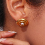 Boho Hammered Round Pearl Stud Earrings Stainless Steel Plated