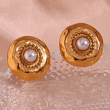 Boho Hammered Round Pearl Stud Earrings Stainless Steel Plated