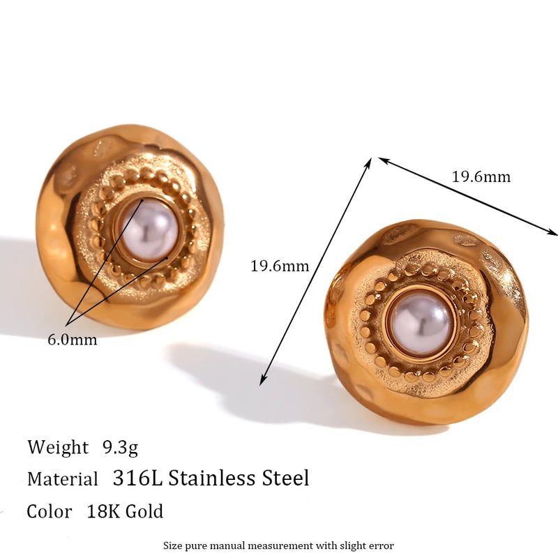 Boho Hammered Round Pearl Stud Earrings Stainless Steel Plated