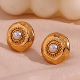 Boho Hammered Round Pearl Stud Earrings Stainless Steel Plated