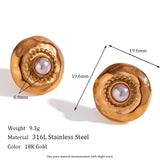Boho Hammered Round Pearl Stud Earrings Stainless Steel Plated