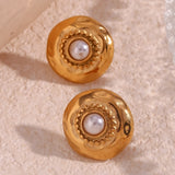 Boho Hammered Round Pearl Stud Earrings Stainless Steel Plated