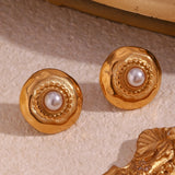 Boho Hammered Round Pearl Stud Earrings Stainless Steel Plated
