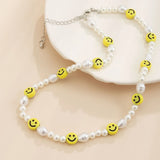 Boho Beaded Smiley Face Pearl Collar Clavicle Chain Necklace