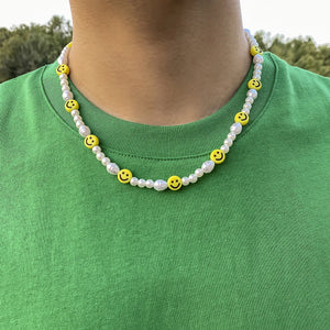 Boho Beaded Smiley Face Pearl Collar Clavicle Chain Necklace